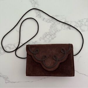 Vintage Perry Ellis Portfolio Suede Scalloped Shoulder Bag in Chocolate Brown